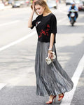 Silver Pleated Midi Skirt