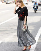 Silver Pleated Midi Skirt