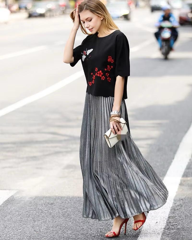 Silver Pleated Midi Skirt