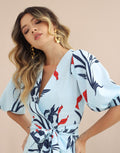 Floral Puff-Sleeve Crepe Gown