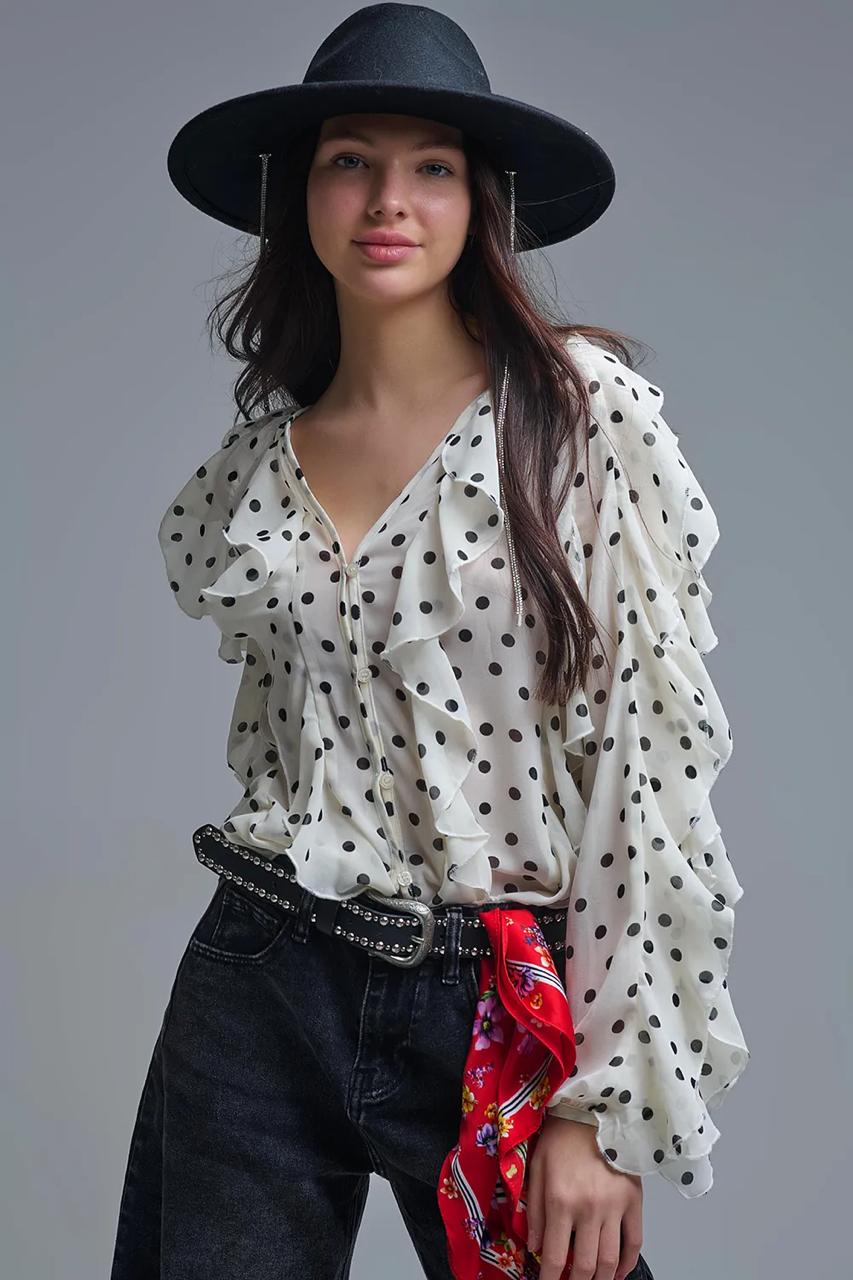 Polka Dot Button-Up chiffon Shirt with Ruffles