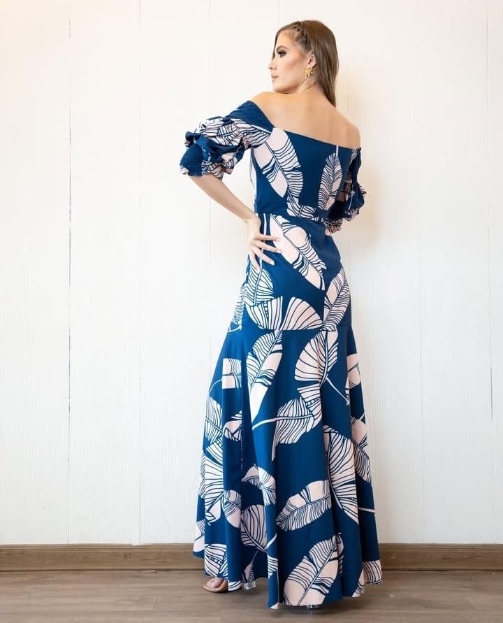 Vestido Largo Off Shoulder Mangas Abullonadas