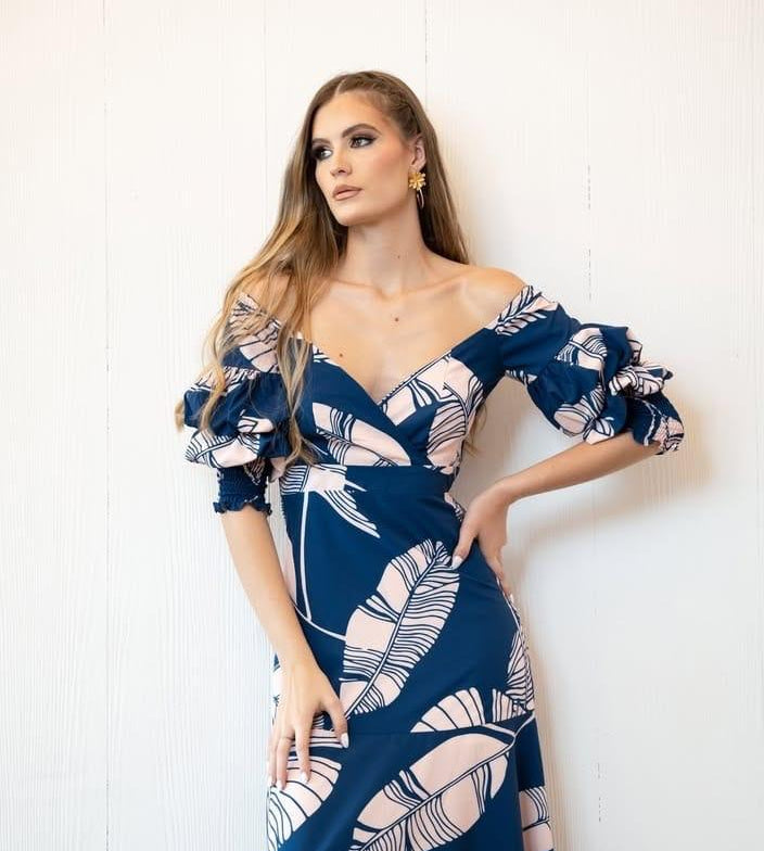 Vestido Largo Off Shoulder Mangas Abullonadas