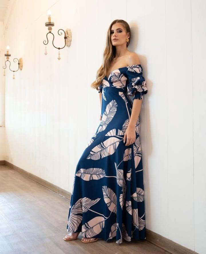 Vestido Largo Off Shoulder Mangas Abullonadas