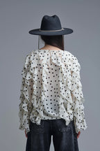 Polka Dot Button-Up chiffon Shirt with Ruffles