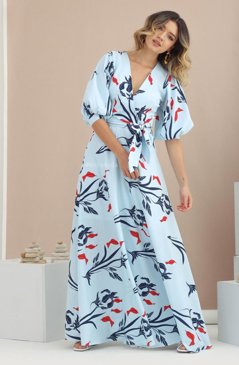 Floral Puff-Sleeve Crepe Gown