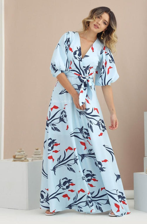 Floral Puff-Sleeve Crepe Gown