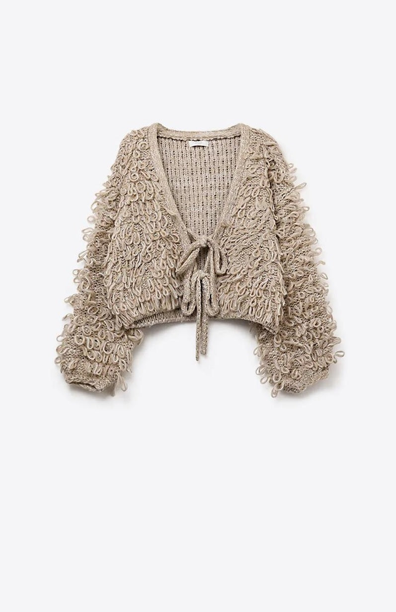 Beige Cropped Chunky Knit Cardigan
