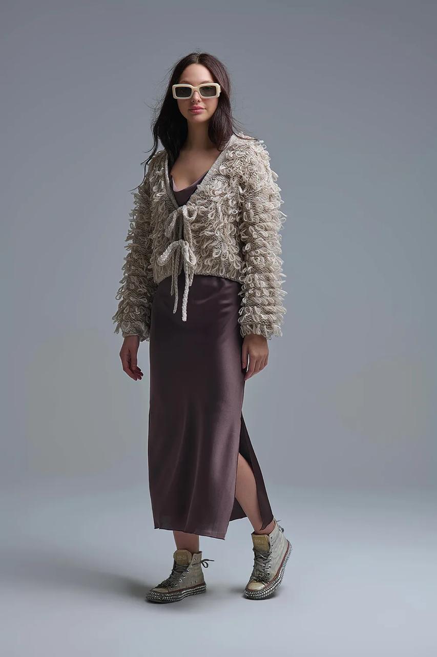 Beige Cropped Chunky Knit Cardigan