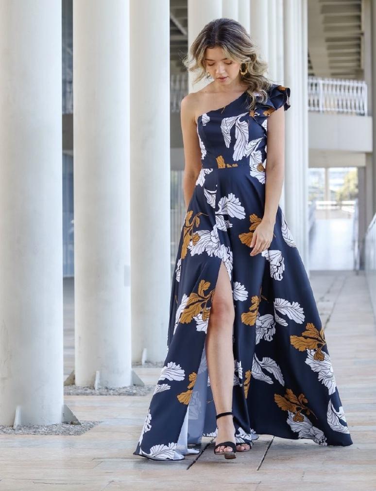 Vestido Largo con Diseño One Shoulder Estampado Floral