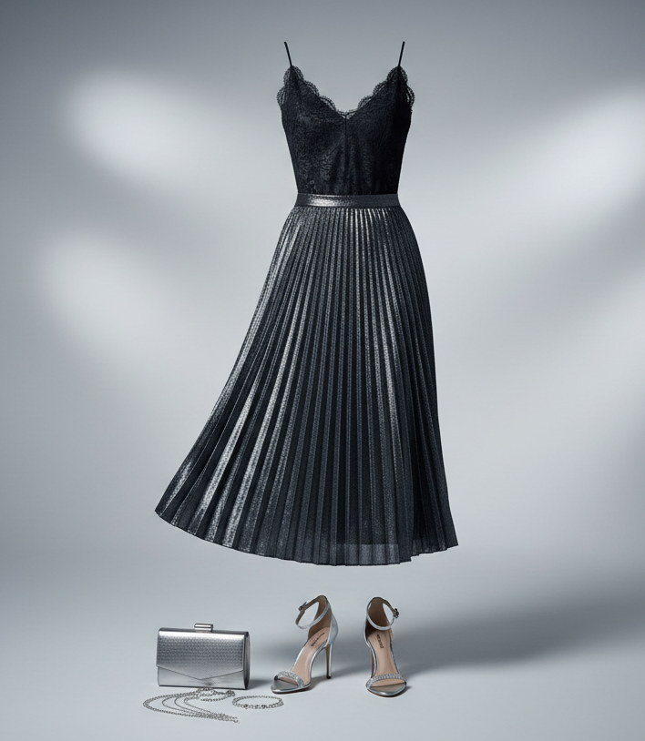 Silver Pleated Midi Skirt