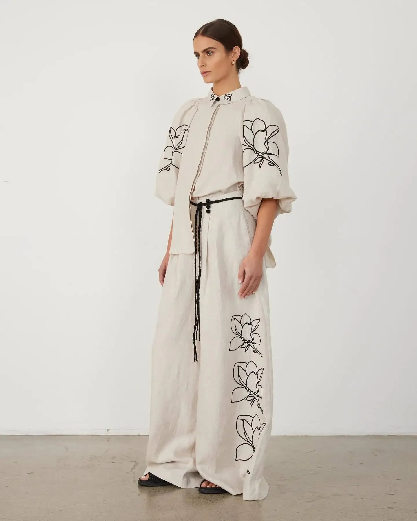 Set Camisa de Mangas Abullonadas 3/4 y Pantalones Largos Anchos