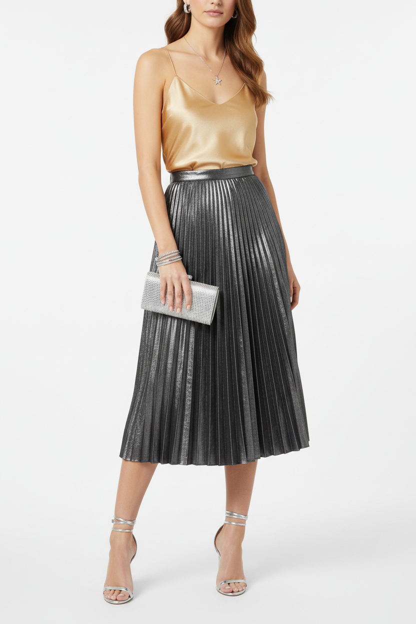 Silver Pleated Midi Skirt