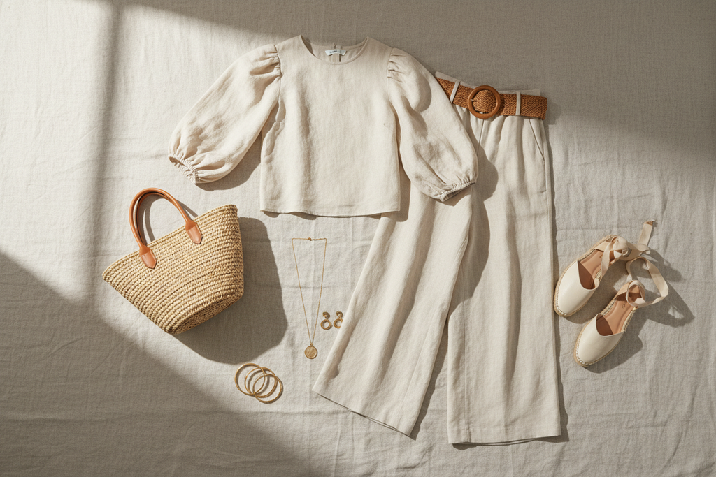 accesorios, bolso y calzado para set de lino camisa con mangas abullonadas  y pnatalon palazzo