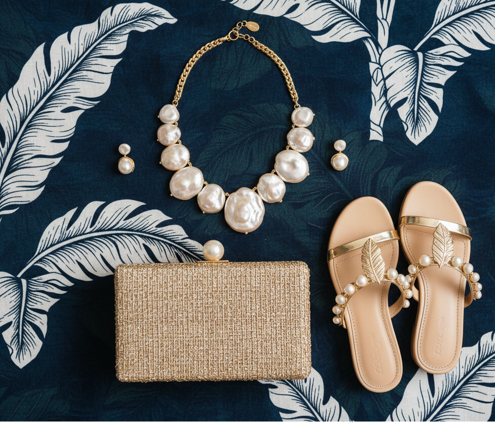 accesorios elegantes collar grandes dorado y perlas y aretes pequeños con clutch y sandalias a juego que combine con tela de fondo azul socuro con toque de verde el color de fondo y estampado grande con hojas blancas de platano