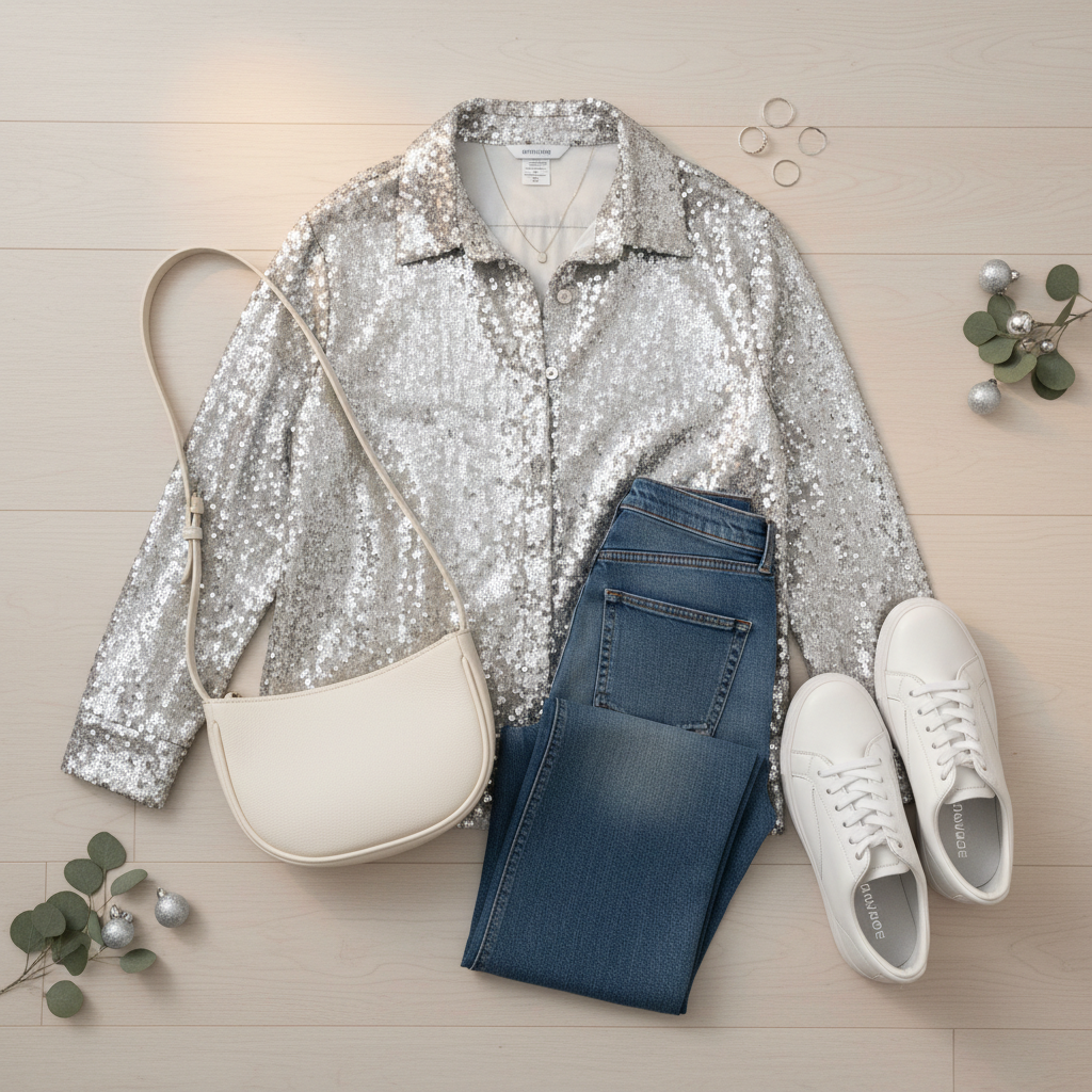 Casual but Sparkly shirt with button light silver with small sequin Wear with straight-leg blue jeans Add white sneakers Throw on a minimalist shoulder bag
Perfect for a relaxed but stylish holiday look