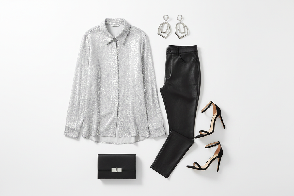 Casual but Sparkly shirt with button long sleeve light silver Pair with high-waisted black leather pants Add strappy heels and a sleek clutch Finish with bold earrings for a clean, glam vibe