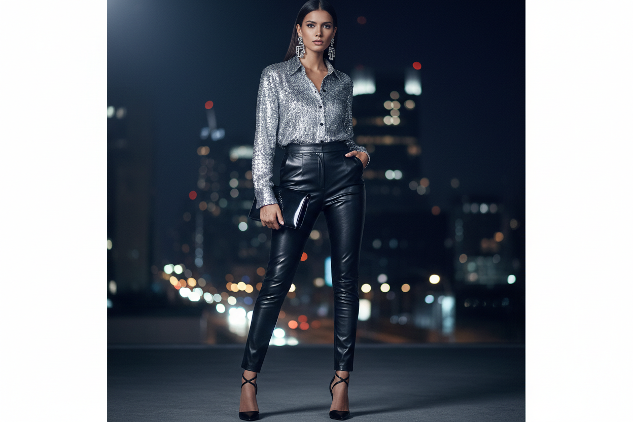 Chic Night-Out Look shirt with button long sleeve silver with sequin Pair with high-waisted black leather pants Add strappy heels and a sleek clutch Finish with bold earrings for a clean, glam vibe