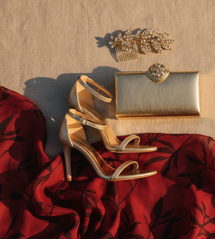 clutch, sandalias y accesorios elegantes que combinen con tela fondo rojo y estampado de hojas rojo oscuro