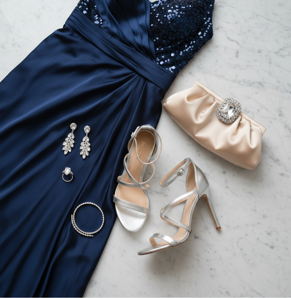 Generar Accesorios, calzado y clutch para vestido largo azul marino satinado con lentejuelas pequeñas