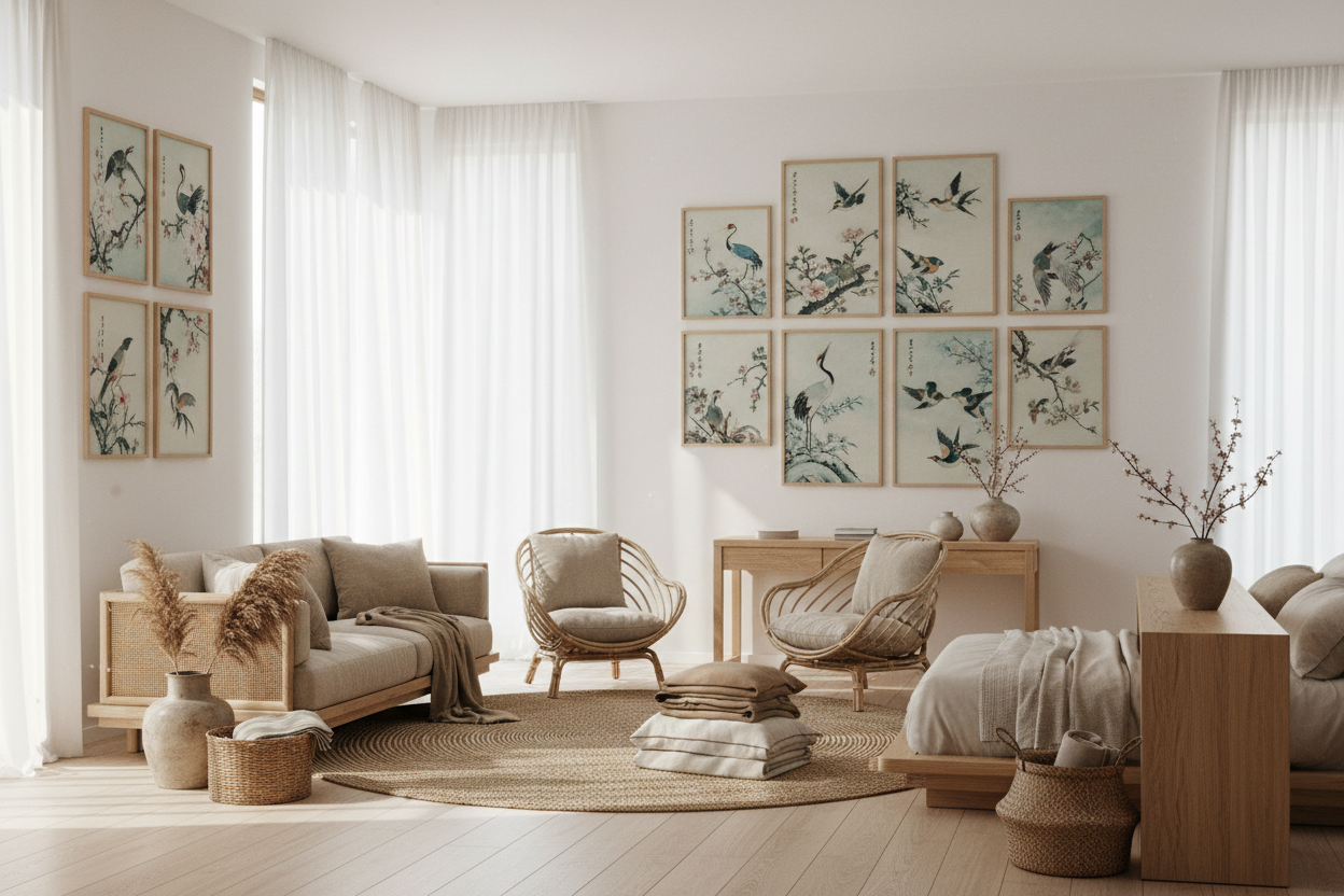 generar espacio decorado con litografías chinas de pájaros aportan armonía y ligereza visual. Cómo combinarlas: Madera clara, fibras naturales y tonos beige.
Perfectas para salones luminosos y dormitorios tranquilos