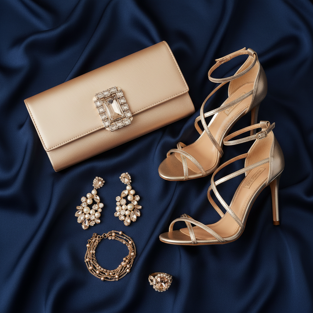 generar que accesorios Champagne , clutch Champagne, calzado Champagne que  combinan bien con un vestido azul marino satinado largo con cuello V corto con lentejuelas en el area del pecho mangas largas transparentes con lentejuelas