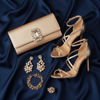 generar que accesorios Champagne , clutch Champagne, calzado Champagne que  combinan bien con un vestido azul marino satinado largo con cuello V corto con lentejuelas en el area del pecho mangas largas transparentes con lentejuelas