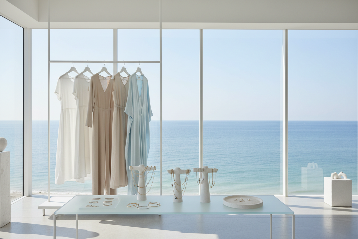 generar una decoracion minimalista con vista al mar decoracion, ropa de mujer y bisuteria