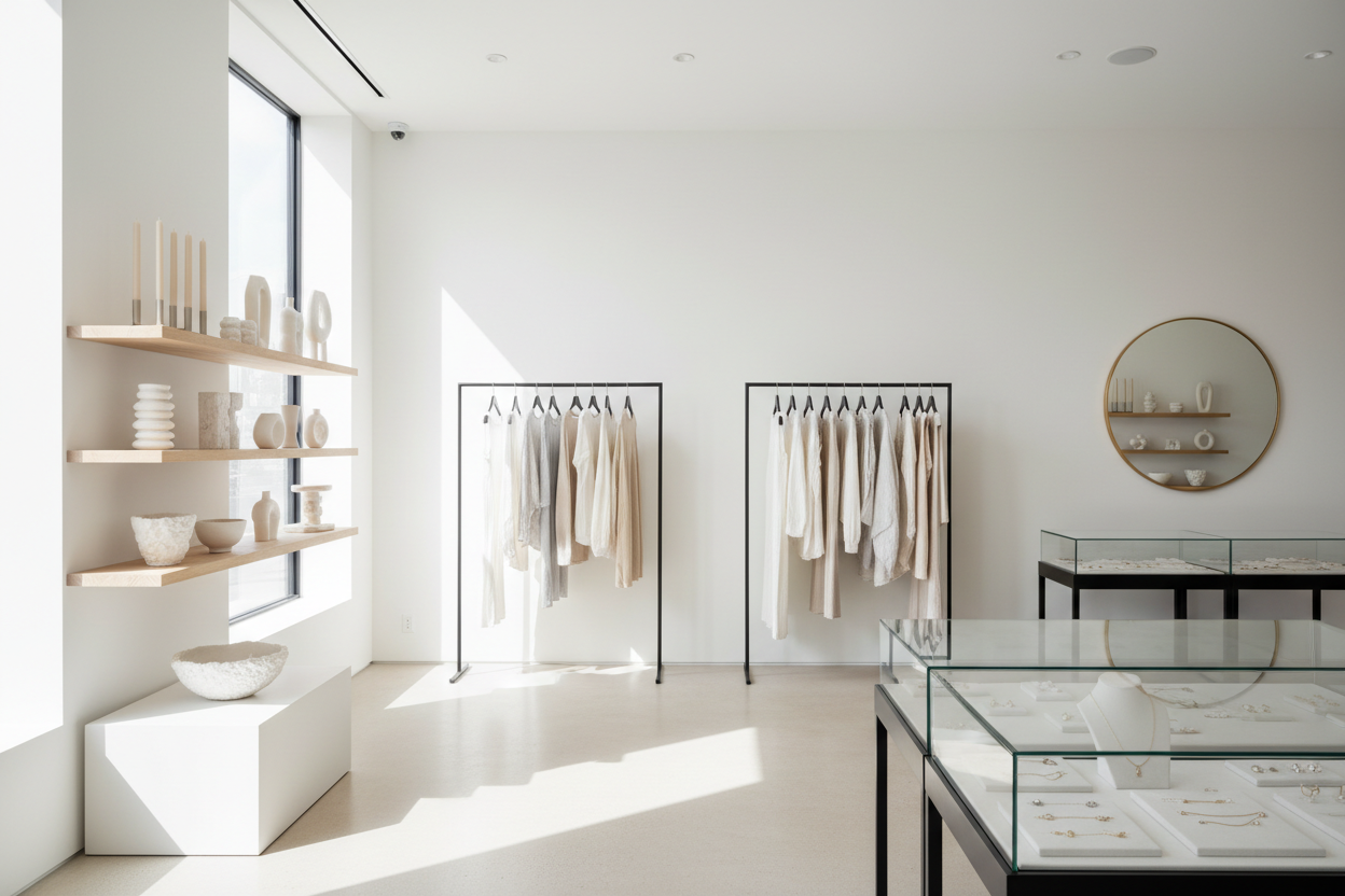 generar video de tienda decoracion minimalista con articulos de hogar, ropa de mujer y bisuteria