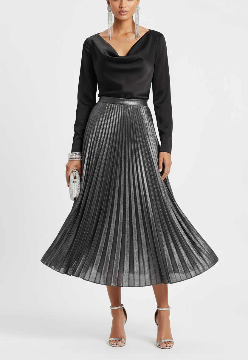 Por favor generar una imagen de outfit completo de falda plisada midi silver oscuro metalica con accesorios, calzado y top que combine para fiesta de fin de año 